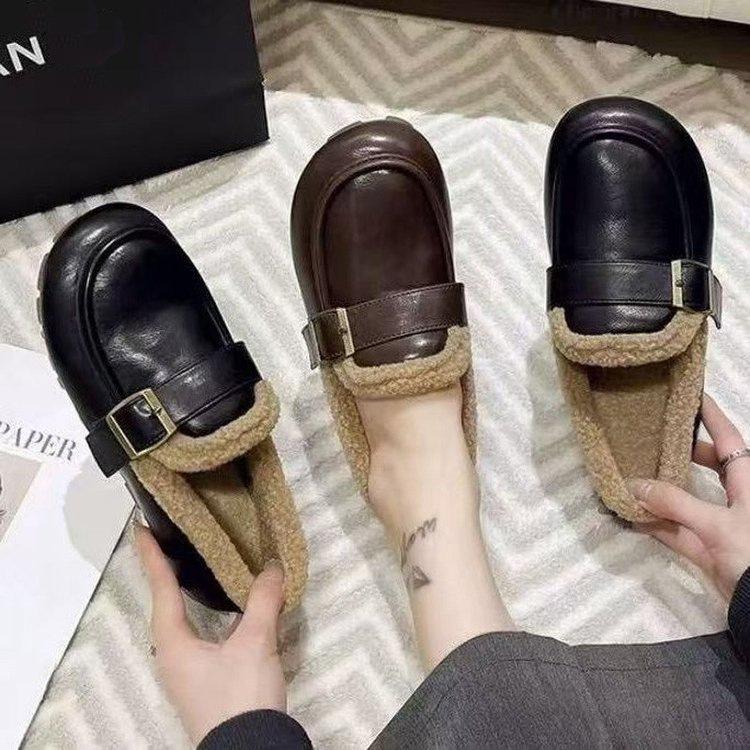 Mao Mao shoes winter Birkenstocks flat-soled soft-soled leather-faced piled beanie shoes cotton shoes
