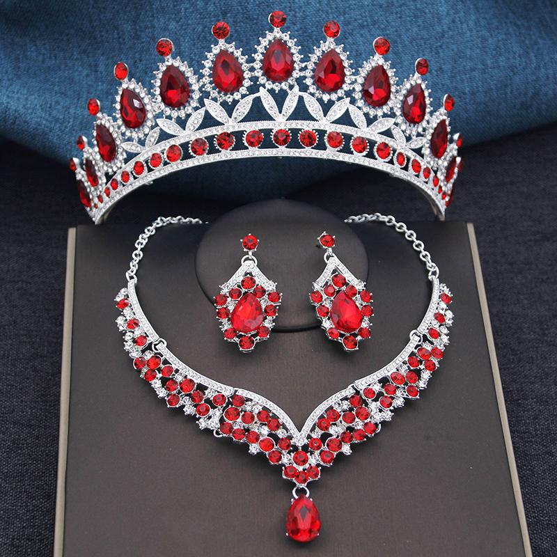 

Великолепные наборы свадебных украшений с кристаллами королевского синего цвета, красочные тиары, серьги, ожерелья, набор для женщин, корона для свадебного платья, набор ювелирных украшений