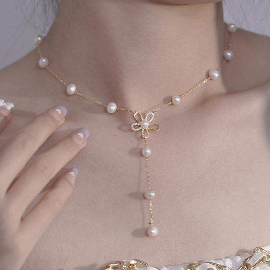 Women Necklace Extension Chain Flower Shape Hollow Out Faux Pearl Adjustable Neck Decoration Prom