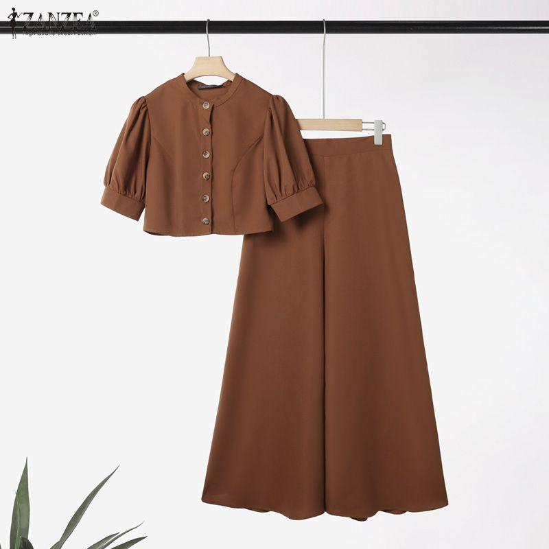 ZANZEA Women Short Sleeve Cropped Tops and Wide Leg Pants Casual Two Piece Suit Sets