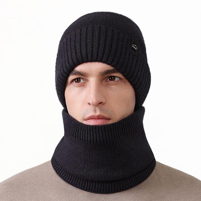 Knitted Hat Scarf Kit Men's Fleece Cold-Proof Warm Wool Hat Big Head Outdoor Hat