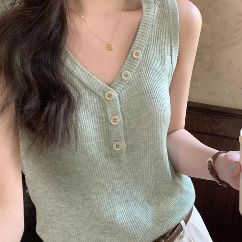 

Summer New Ice Silk Knitted Vest with Camisole Women s Summer Thin Design Niche Outdoor Top M зелёный