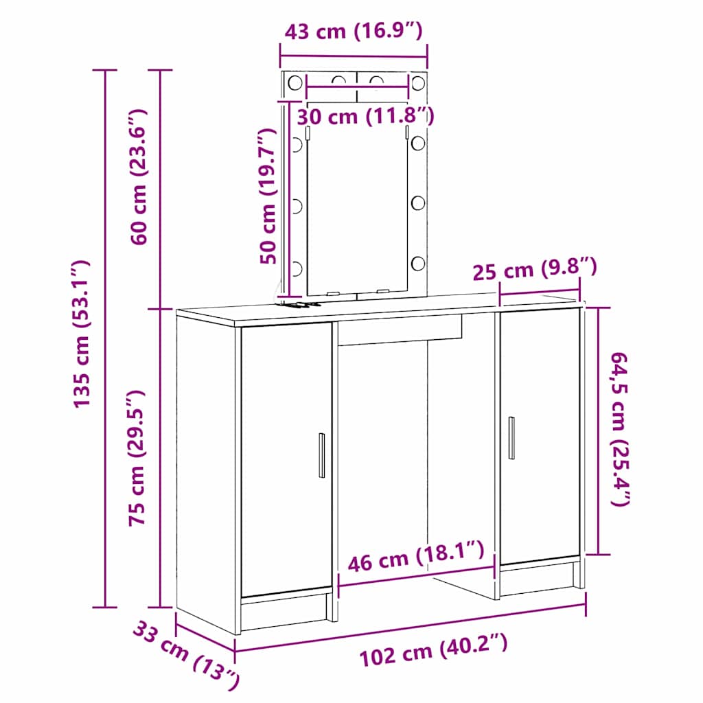Makeup Table with Storage Brown 102 x 33 x 135 cm Engineered Wood