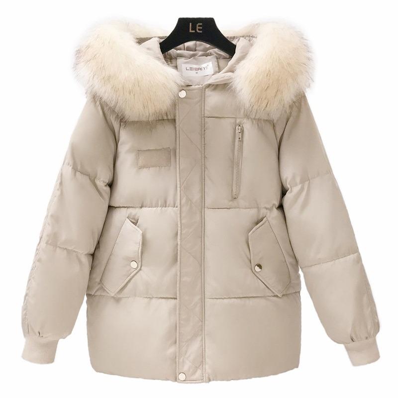 Women S Short Loose Fit Cotton Padded Coat With Big Fur Collar Winter Casual Style