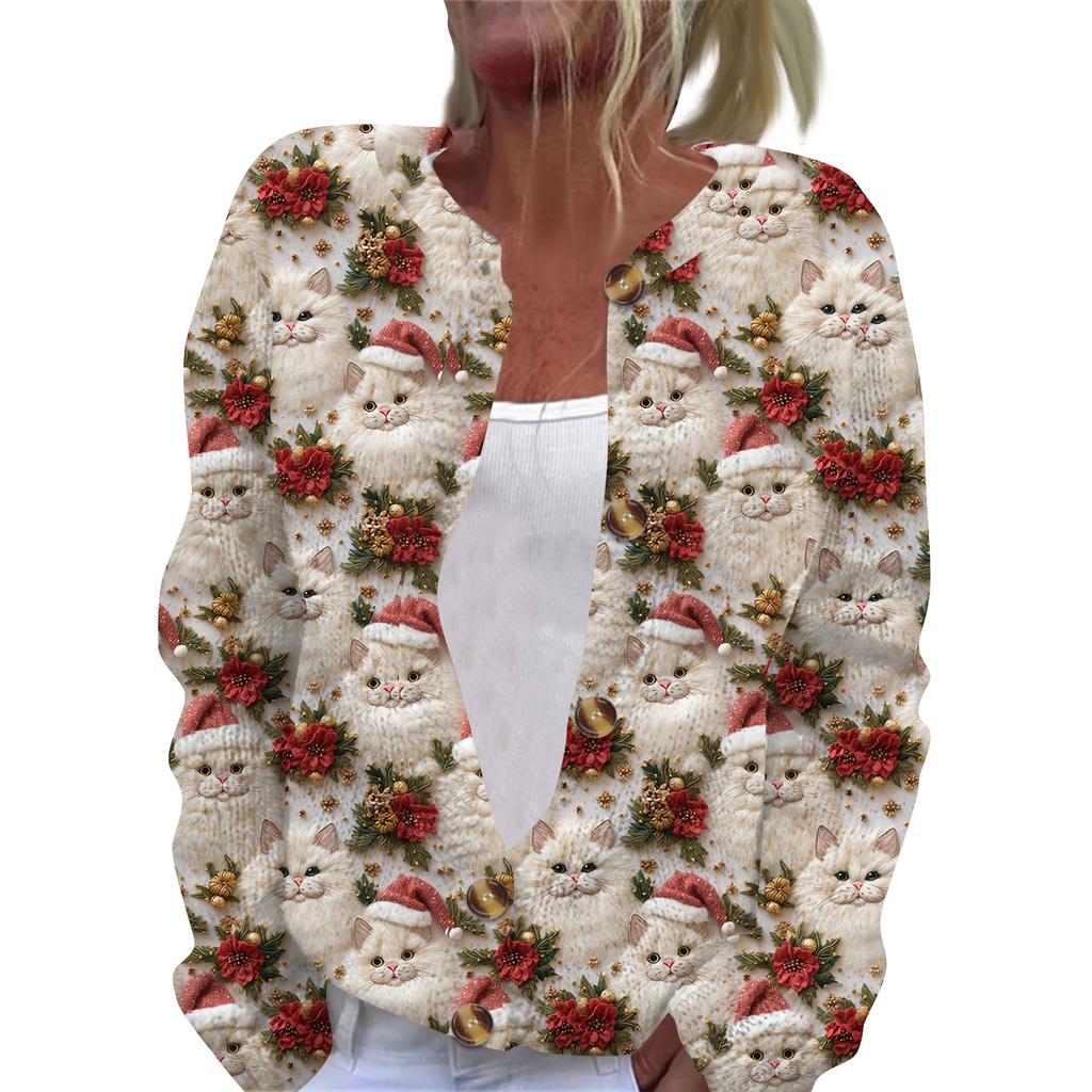 Women's Fashion Christmas Printed Long Sleeve Knitted Cardigan Button Down Jacket