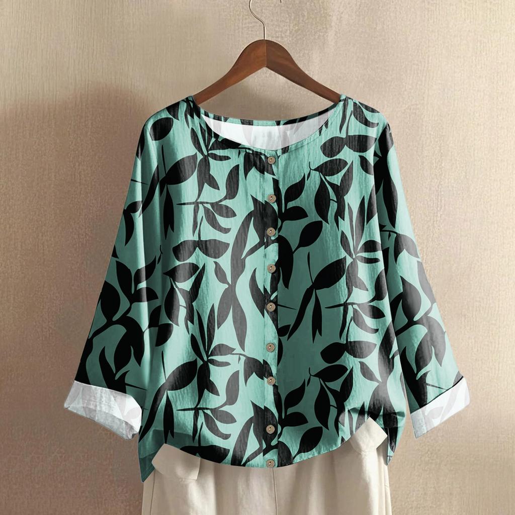 Women's Casual Long-sleeved Round-neck Retro Gradient Printed Cotton And Linen Top