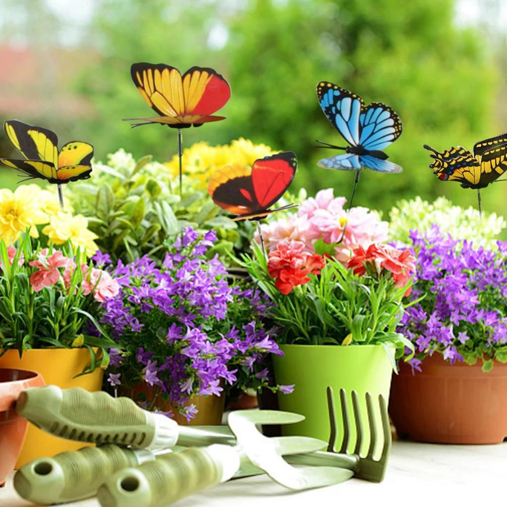 50 Stück Schmetterlingsstäbe Bunte Simulationsschmetterlinge für den Außenbereich Garten Hof Pflanze Blumentopf Frühlingsgartendekoration 25*4cm