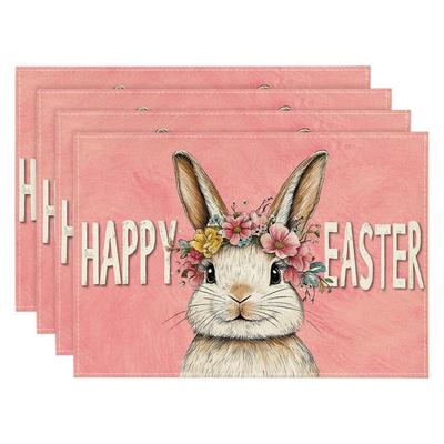 4 Stück Glückliche Osterhasen-Tischsets – Rosa Hase mit Blumenkranz, 12x18 Zoll, Frühlings-Tischdekoration für Zuhause, Party & Küche