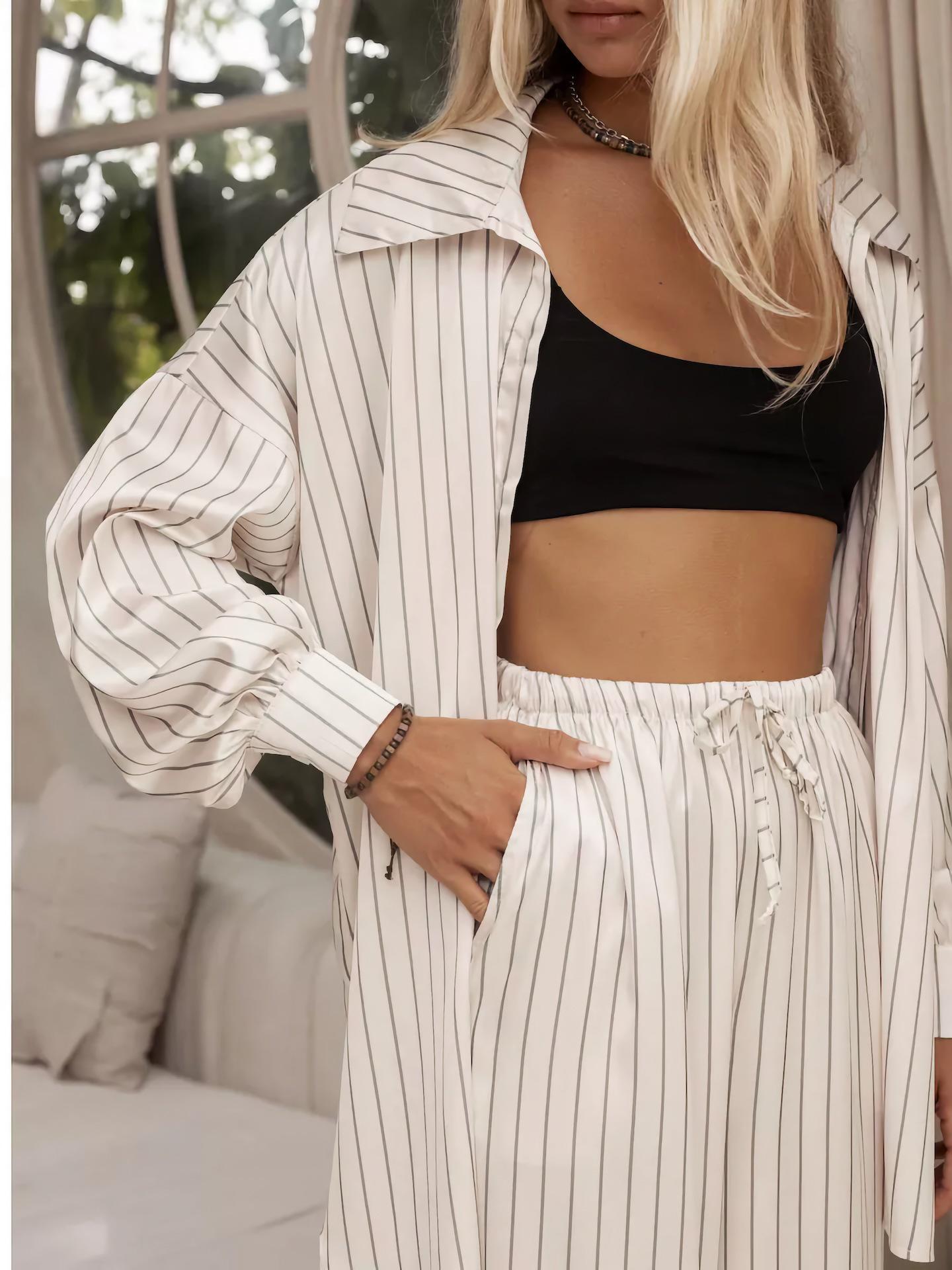 Женский полосатый повседневный комплект в французском стиле - Брюки-клеш One Size