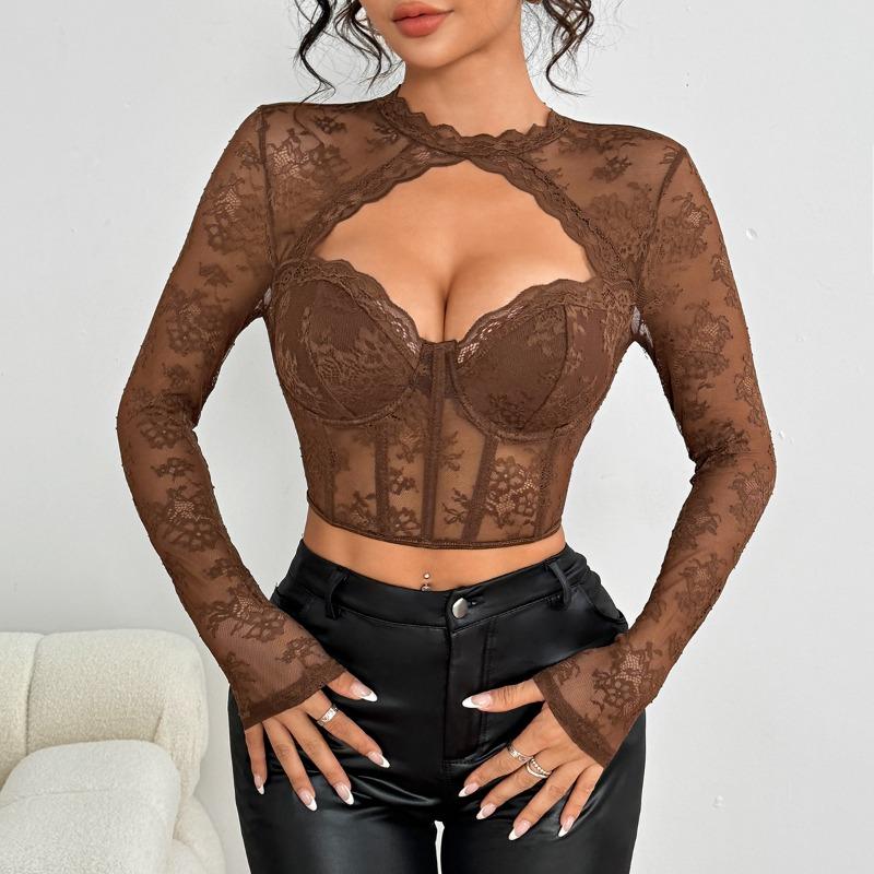 Sexy Lace Hollow Out Long Sleeve Fitted Top With Flower Pattern A1299