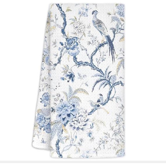 Blue and White Chinoiserie Floral Bird Tea Hand Dish Towels for Kitchen Bathroom, Chinoiserie Decor, Blue Tea Hand Dish Kitchen Towels, 16x24
