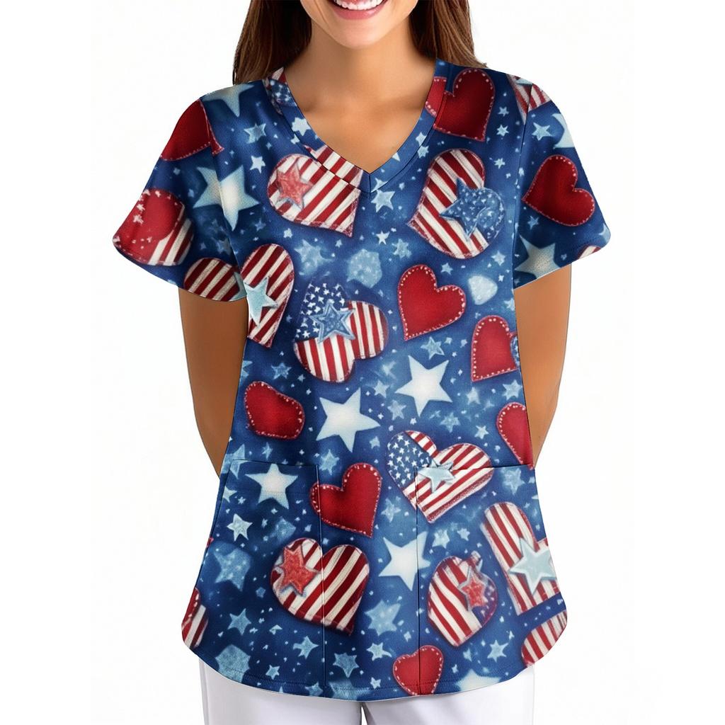 Damen Unabhängigkeitstag Aufdruck Locker V-Ausschnitt Tasche Kurzarm Pflegekraft/Uniform