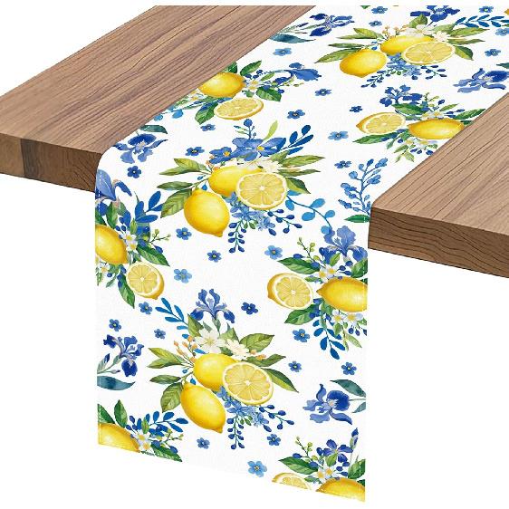 Lemon and Blue Floral Table Runner, Seasonal Kitchen Dining Table Decoration for Home Party Birthday Wedding Decor 72 x 13 inches, White