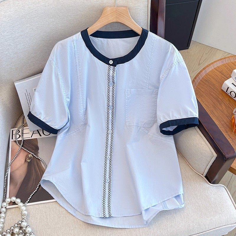 2026 Summer Korean High-End Color Block Loose Plus Size Cotton Short Sleeve Women's Shirt