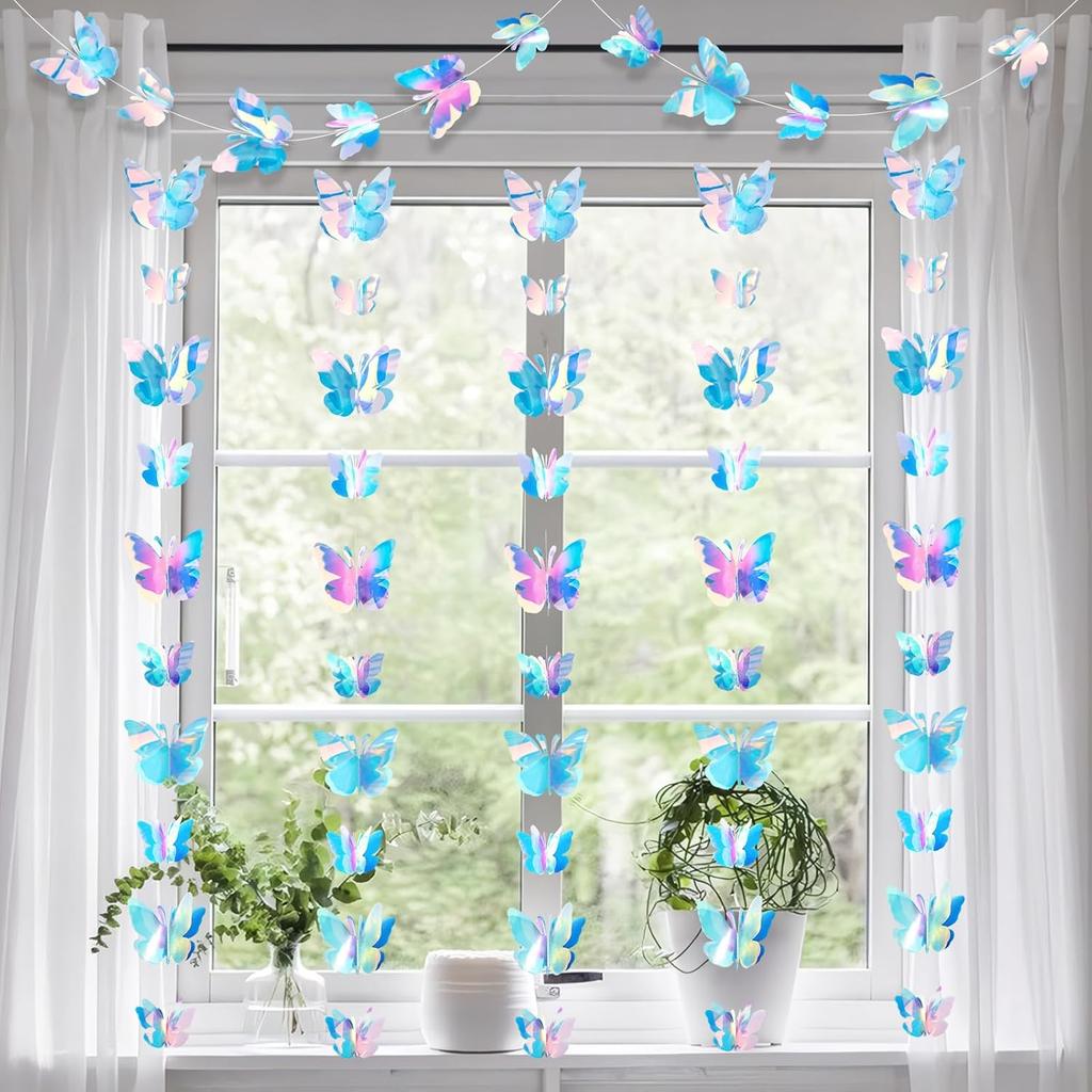4PCS Butterfly Garland Butterfly Birthday Decorations 3D Iridescent Butterfly Hanging Garland for Graduation Wedding Birthday Fairly Baby Shower