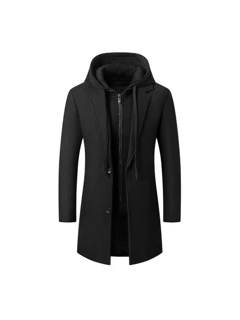 Korean-Style Men's Wool Blend Mid-Length Coat with Removable Hood