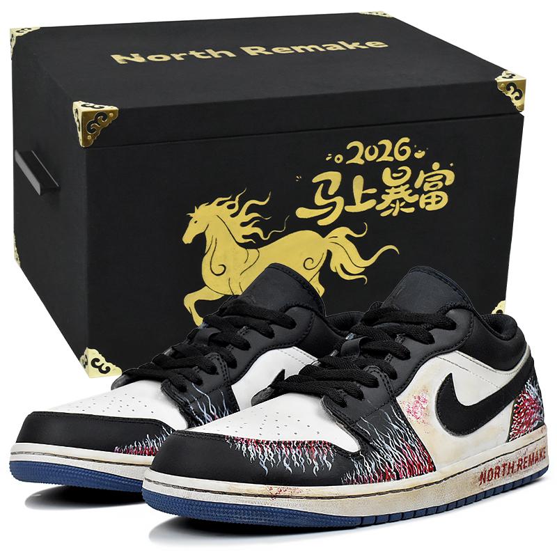 Jordan Air Jordan 1 Abrasion Resistant Low Top Vintage Basketball Shoes Men's Black White Red 553558-414(Team96-S-BOX)