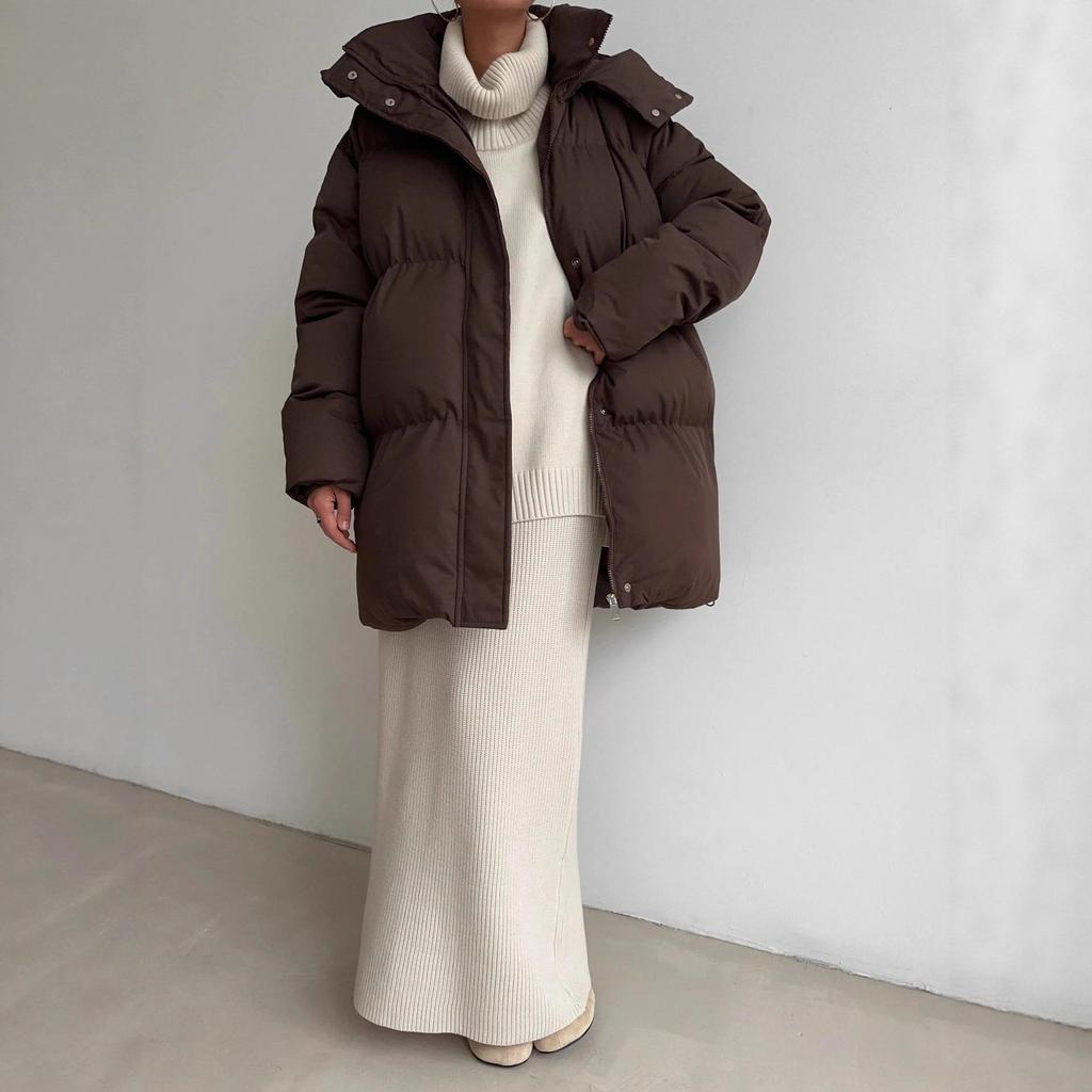 Women's Dark Brown Long Hooded Puffer Coat, Removable Sleeve Covers and Waist Tie Belt
