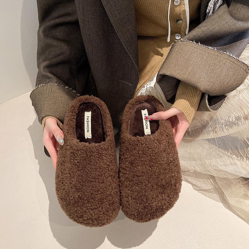 2025 autumn and winter new thick-soled fluffy slippers women's outer wear bag head plush one pedal lazy shoes cotton slippers