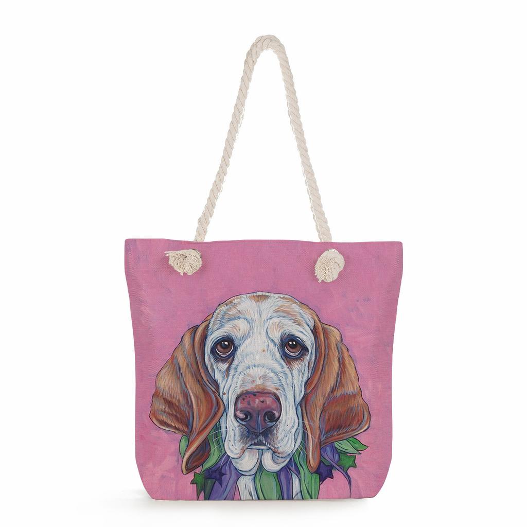 Oil Painting of a Dog Print Thick Rope Single-shoulder Beach Bag 7214