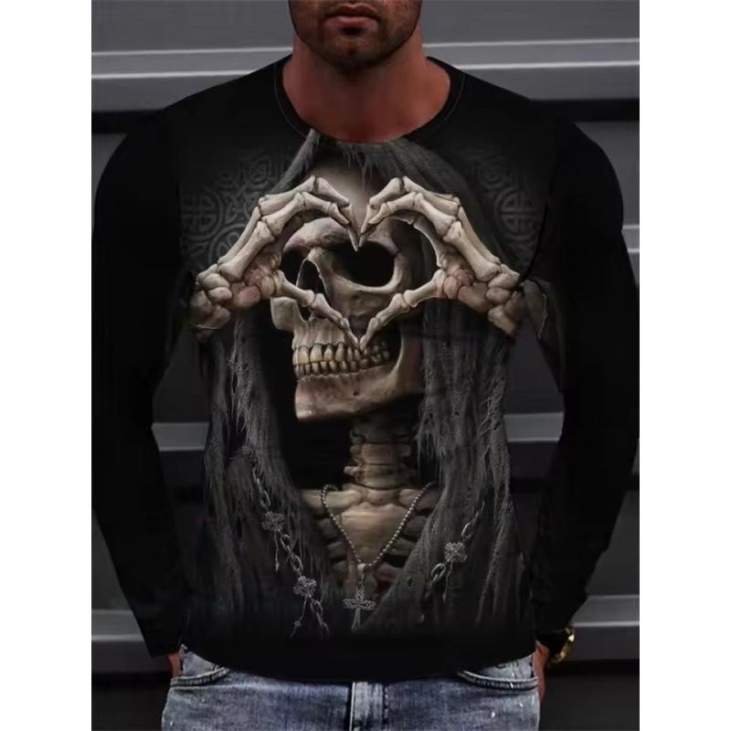 Autumn Round Neck 3D Skull Pattern Printed Top Fashionable Casual Long Sleeved Men's T-shirts