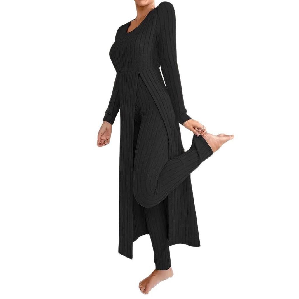 Damen Hellblaues V-Ausschnitt Strickset Langarm Oberteil und Hose mit Strickjacke