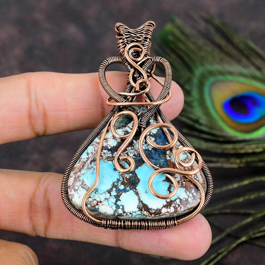 Tibetan Turquoise Handmade Copper Wire Wrap Jewelry Pendant 2.96 v7v04