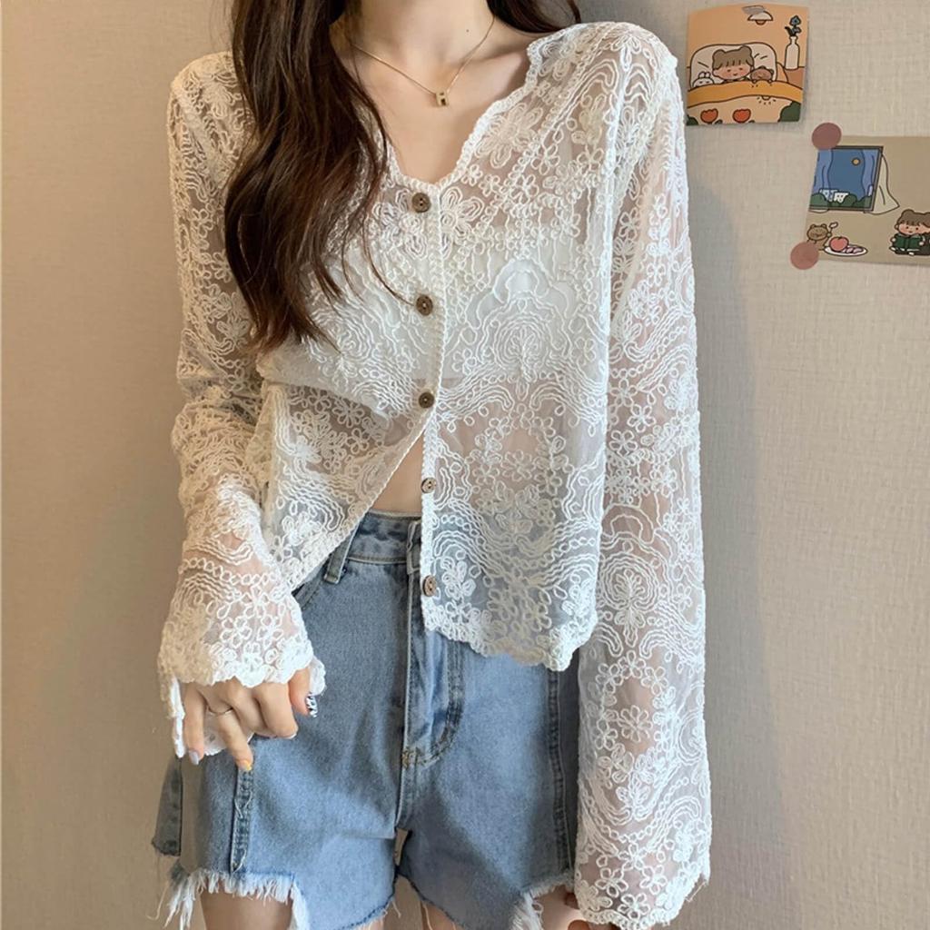 Lace Shirt UV Air Conditioning Sheer Floral Long Openwork Perfect for and Outings [fourfivesix Haru] Women's Blouse, Protection, Protection, Top,