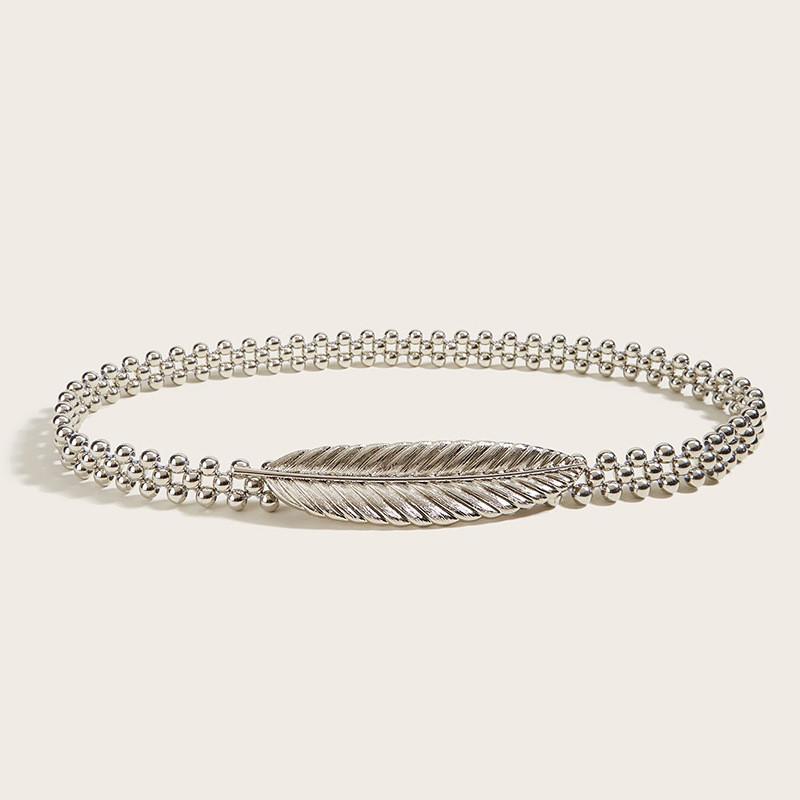 Spring Metal Elastic Waist Chain For Women Dress Accessory With Leaf Design
