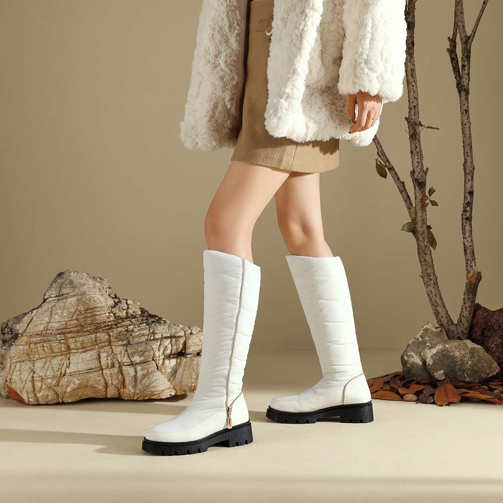 Krazing Pot PU Down Boots Cold-resistant Winter Shoes Med Heels Size 44 Super Size Snow Boots Zipper Round Toe Keep Warm Thigh High Boots
