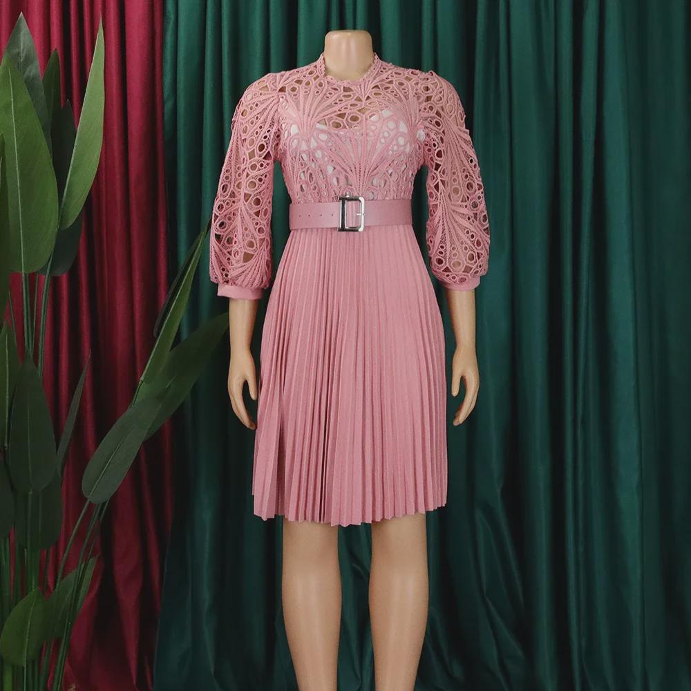 2024 Pure Color Lace Hollow Pleated Women's Dress - European and American Style