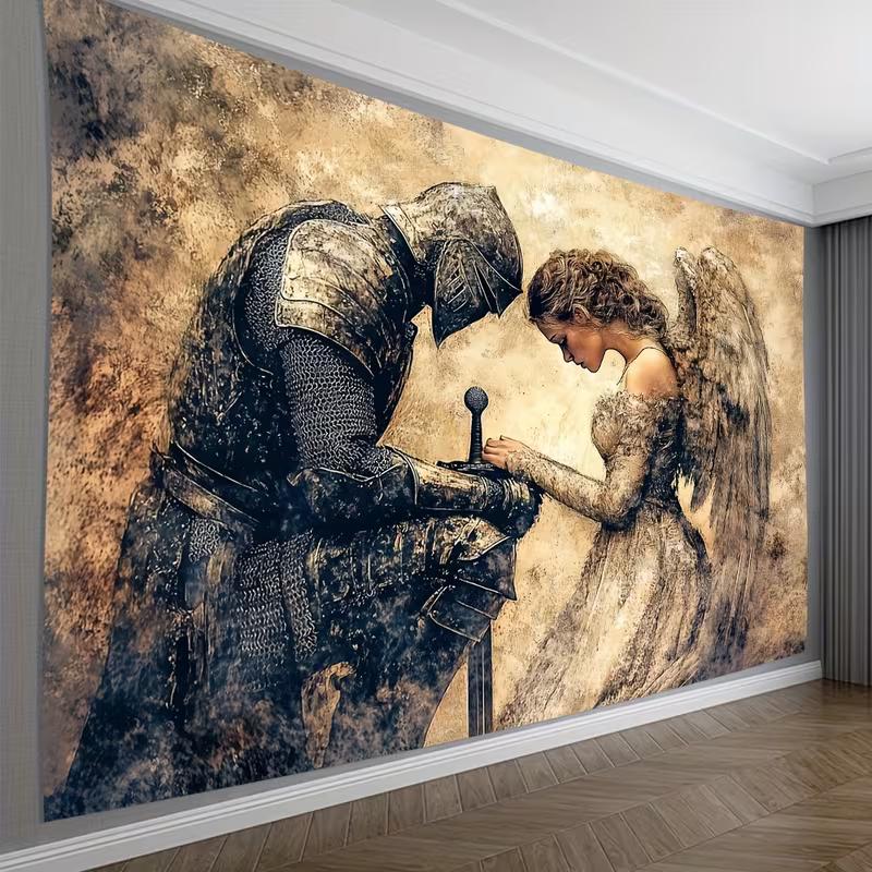 

2D Gothic Knight and Angel Tapestry, Vintage Fantasy Wall Art for Living Room Decor 47.2x31.5inch/120*80cm