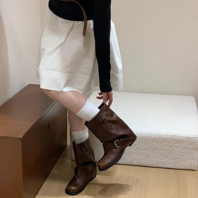 Short Boots Women's Autumn 2025 New Belt Buckle Thick Heel Cowboy Boots Martin Boots Wear Pleated Stacked Pants Tube Boots