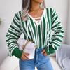 Chic Women Loose Knitted Sweater Winter Fall All Match Tops Balloon Sleeve Contrast Stripe Tie