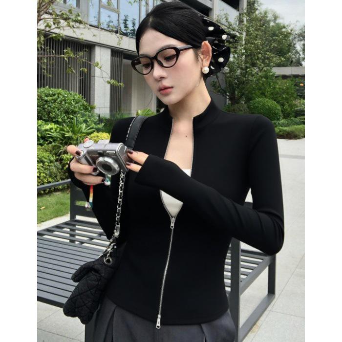 Trendy Autumn Women s Double Zipper Stand Collar Slim Fit Cardigan Jacket L чёрный