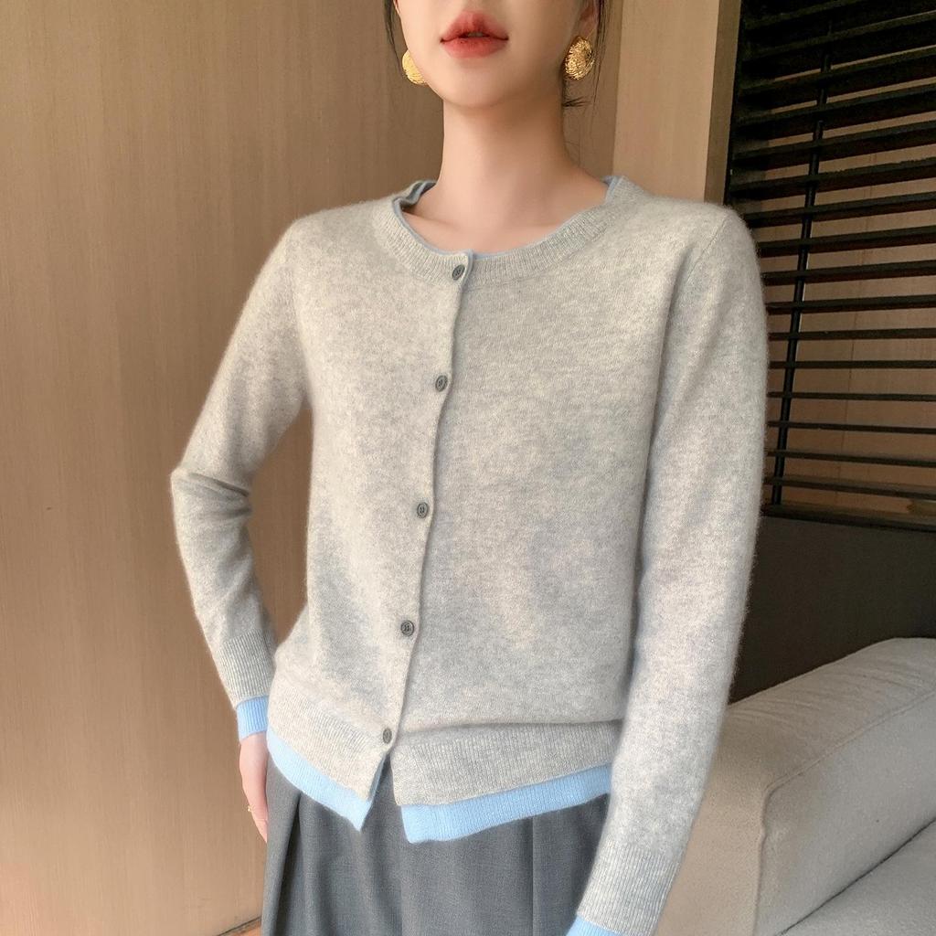 Color-Block Cashmere Cardigan: Women's Round Neck Loose Slimming Wool Knit Sweater for Autumn and Winter