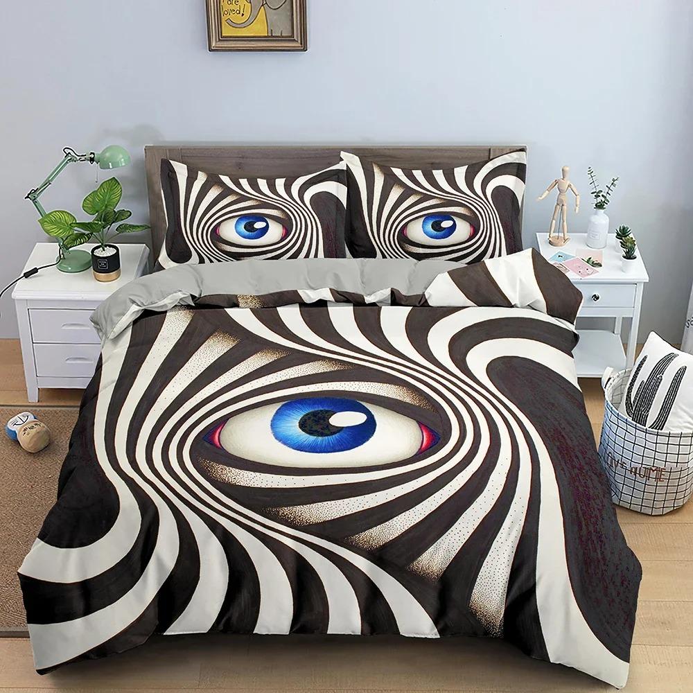 3D Blaues Böses Auge Bettbezug King Queen Größe Psychedelisches Magisches Zeichnungsaugen Bettwäscheset Kinder Jugendliche Erwachsene Polyester Steppdeckenbezug