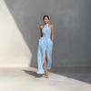 Damen Neckholder Kreuzwickel Schlitz Maxikleid Mit Taschen Elegantes Abendparty Langes Kleid