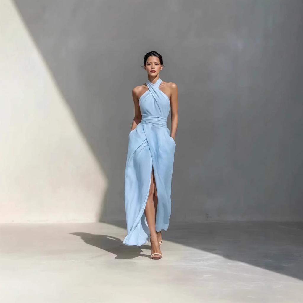 Damen Neckholder Ärmelloses Midi-Kleid Figurbetont Hoher Bund Elegant Einfarbig Schlitz Wickelkleid
