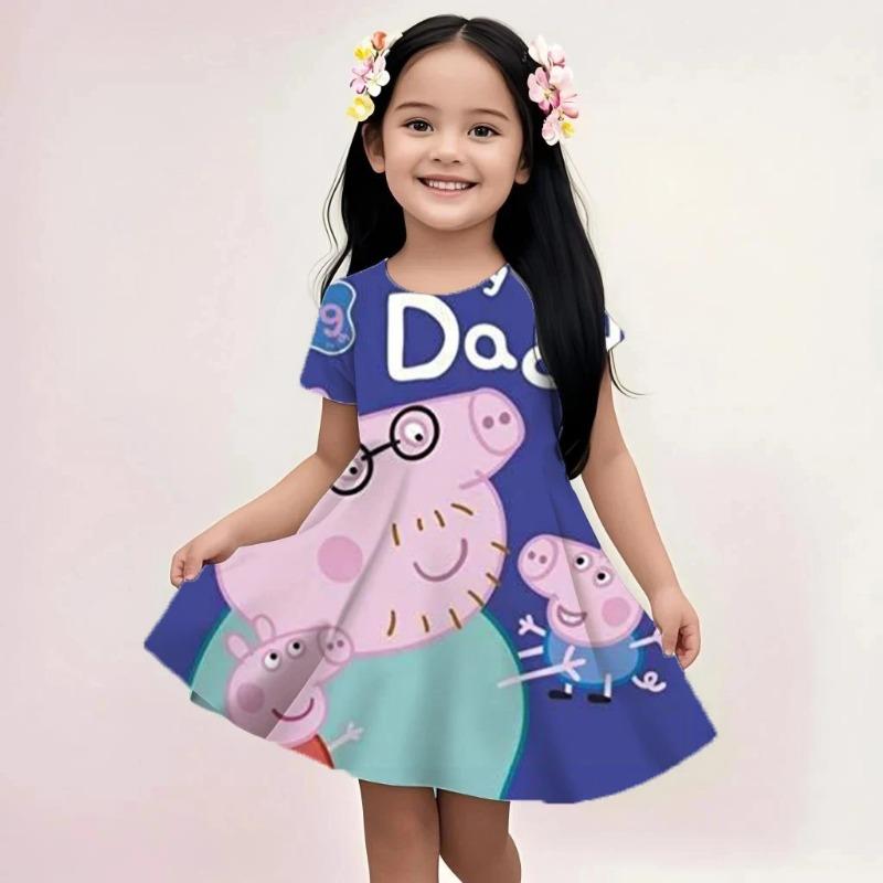 Summer Kids Girls Casual Dress Peppa Pig Cute Cartoon Print Loose Fit Soft Breathable Lightweight Beach Sundress