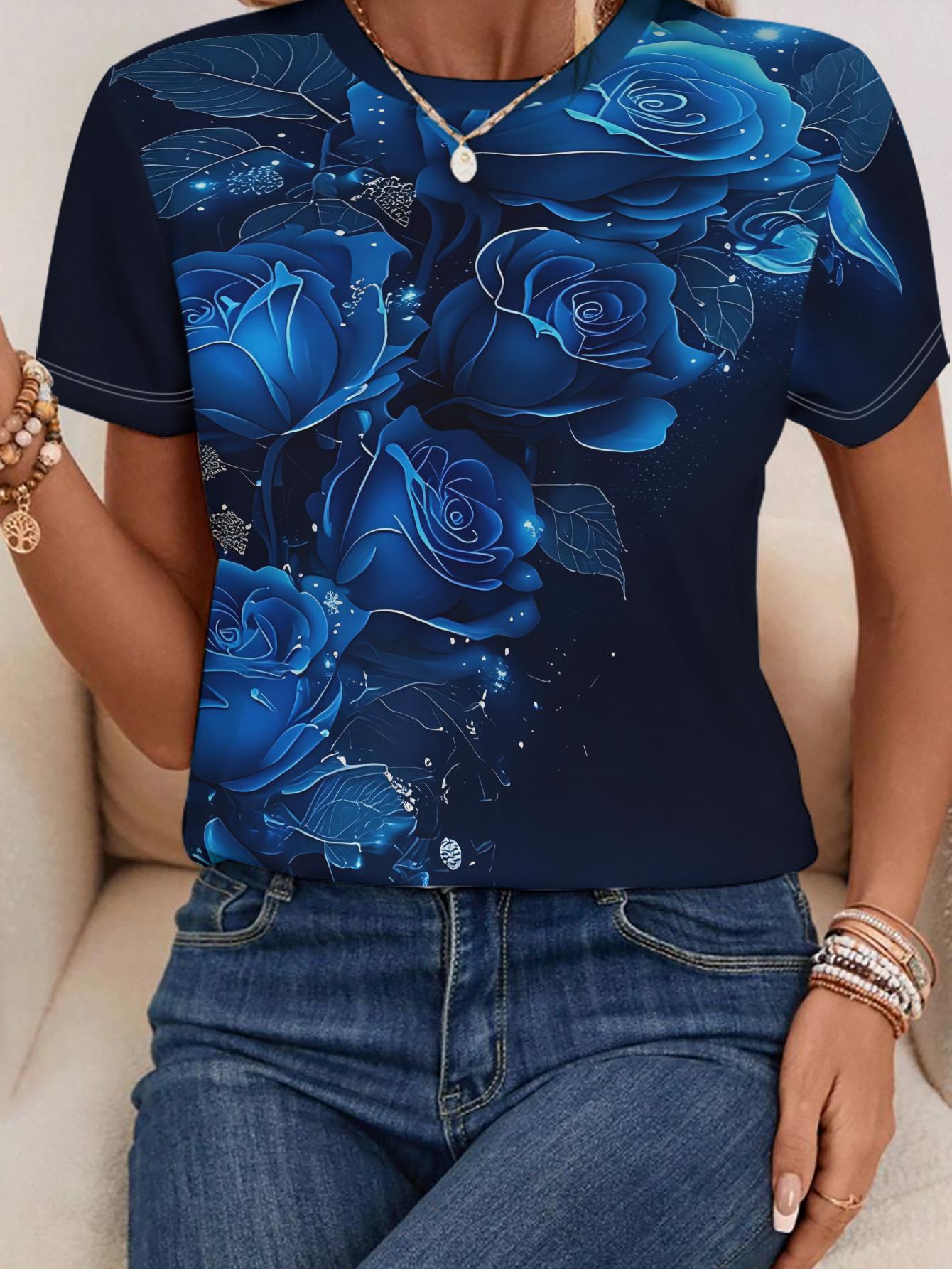 

A Lady S Deep Blue Short-Sleeve T-Shirt Featuring a Delicate Blue Rose Print on The Back. Fresh And Elegant XL дубильная кора
