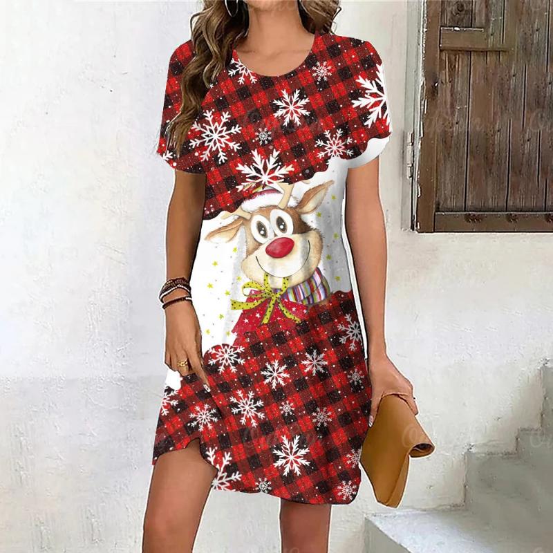 New Cartoon Moose Digital 3D Print Crew Neck Short-sleeve Pullover Stylish Casual Women's Dress