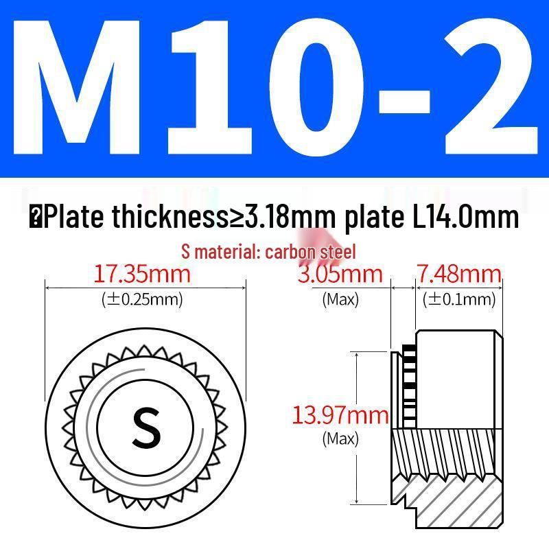 Förzinkat kolstål Clinchmuttrar för plåt - Storlekar: M2, M4, M5, M6, M8, M10, M12