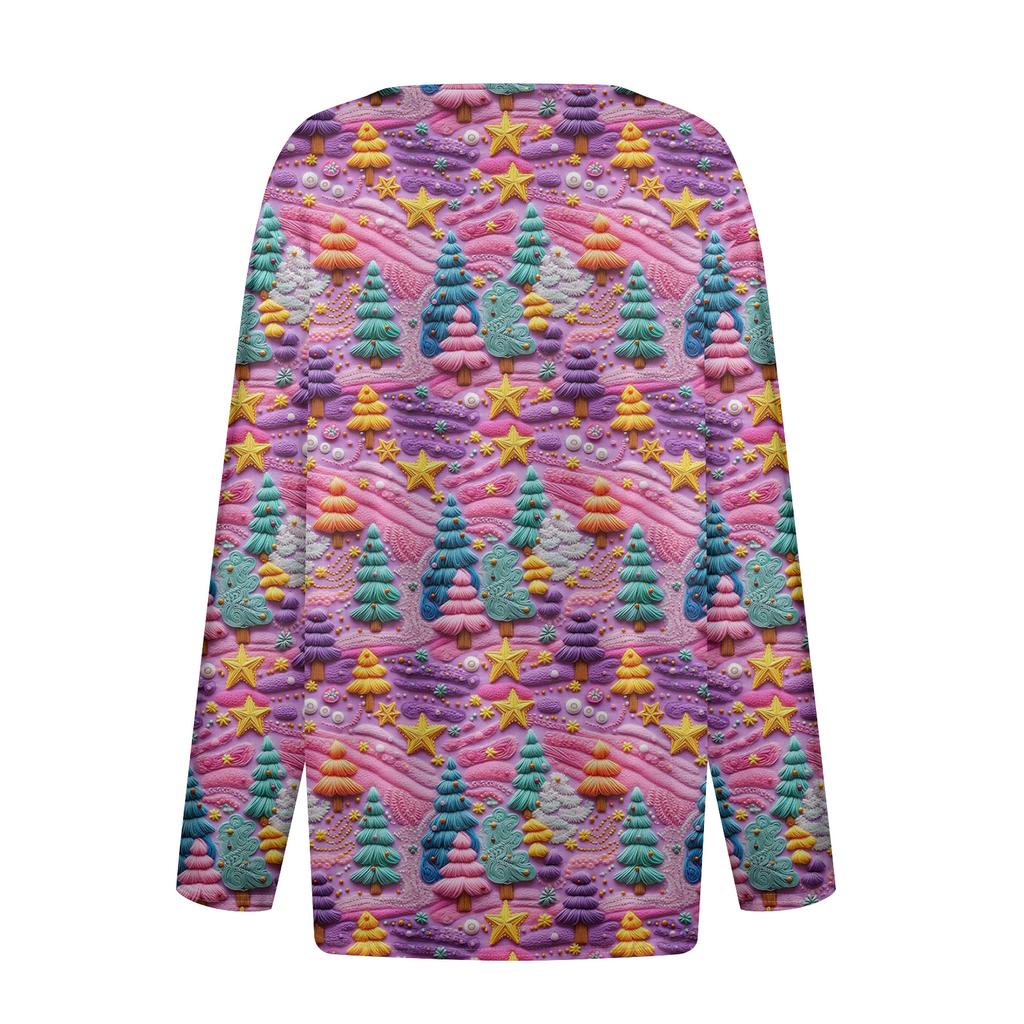 Women's Fashion Casual V-Neck Button-Up Long-Sleeve T-Shirt With Christmas Print Top