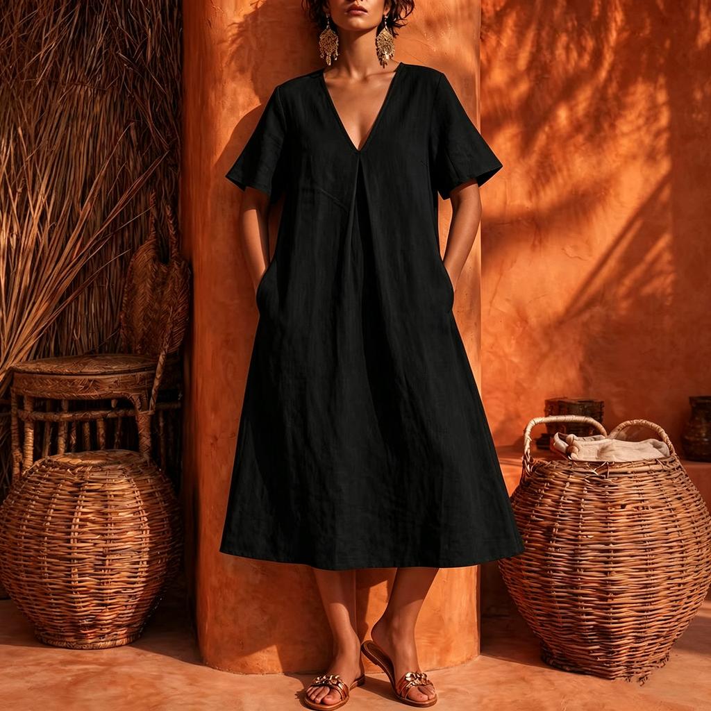 Women's Casual V Neck Midi Dress Short Sleeve Loose Fit Minimalist Mid Length Dress with Pockets Lightweight Comfortable Fabric