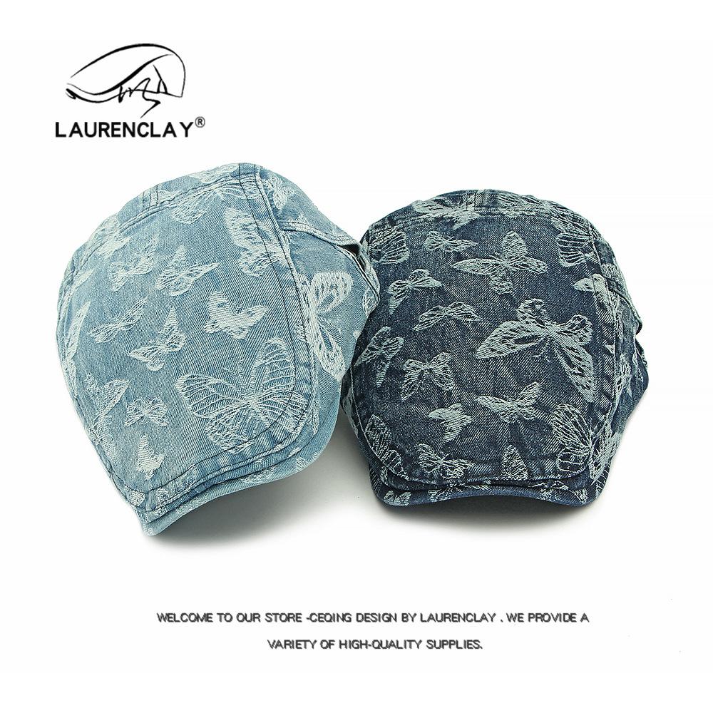 Washed Denim Beret Women's British Retro Forward Hat Casual Sun Protection Visor Hat Jacquard Butterfly Cap