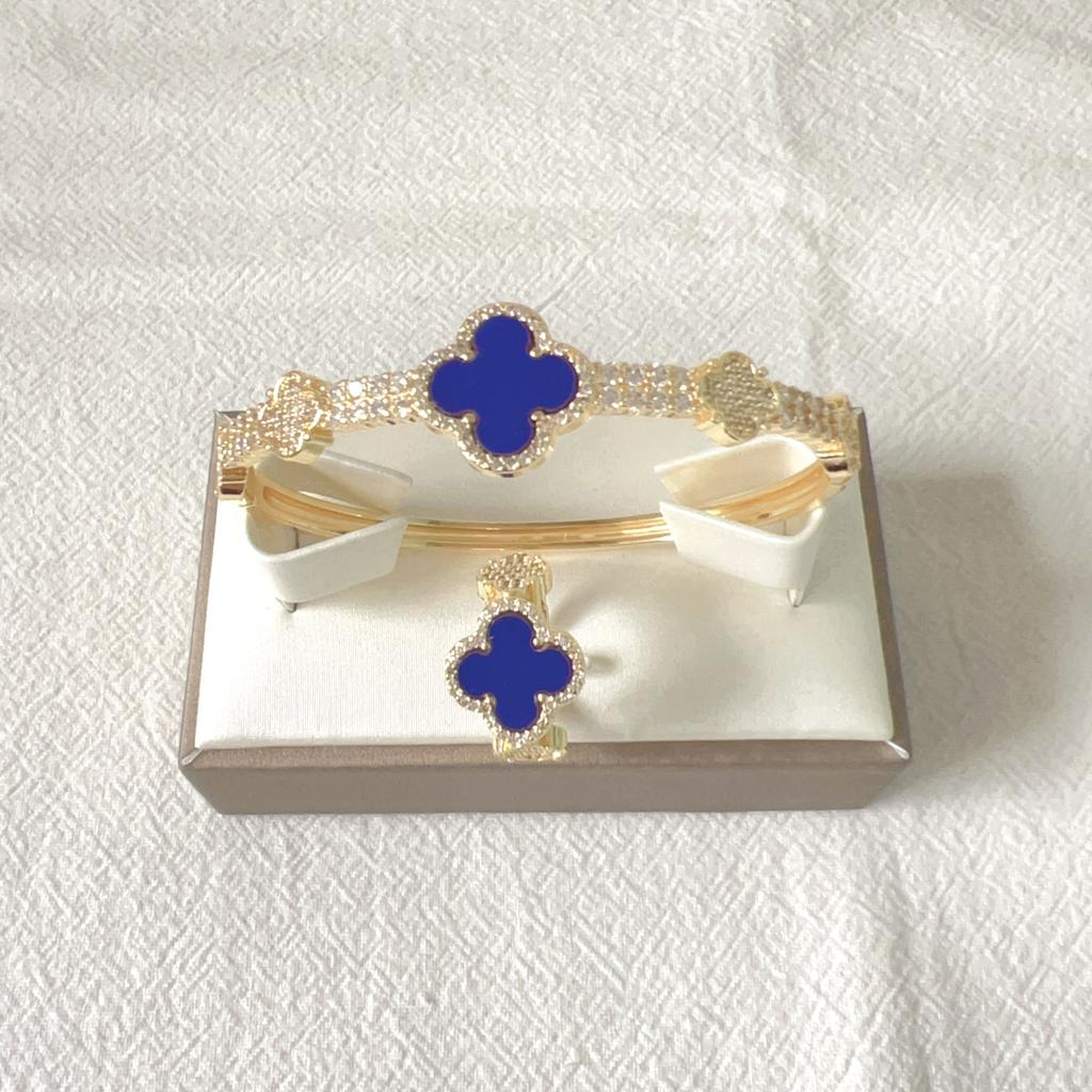 2PCS New Micro Inlaid Zircon Clover Bracelet Ring Set with Adjustable High Color Preserving Copper Plating 18k Real Gold Fashion