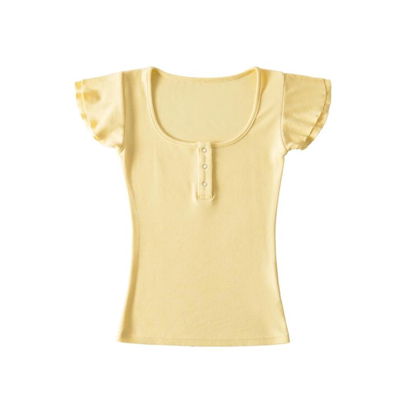 U-neck short-sleeved T-shirt women's summer new Spice Girl style solid color slim-fitting and thin short hidden button bottoming shirt top