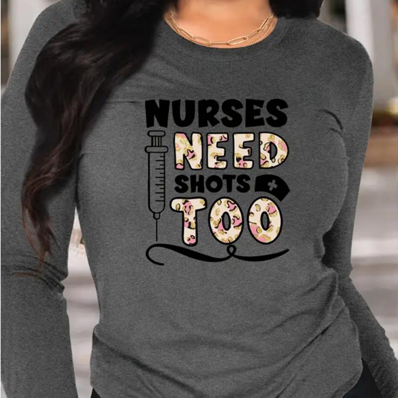 Tops For Women Cartoon Letters Print Round Neck Long Sleeve T-shirt Fall Casual Slim Pullover Women's Long Sleeve Top