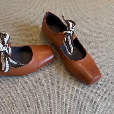 Version~ Square Head Retro Lace-up Ballet Shoes Women's Skirt Literary Mary Jane Small Leather Shoes Thick Heel Single Shoes